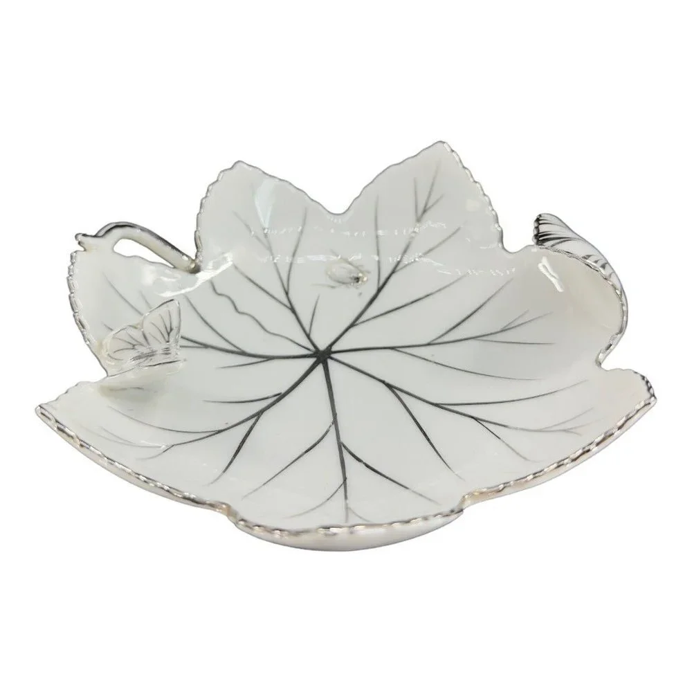 Andrea By Sadek Hand Painted Leaf Dish‎ Bowl Silver Overlay Butterfly And A Bug